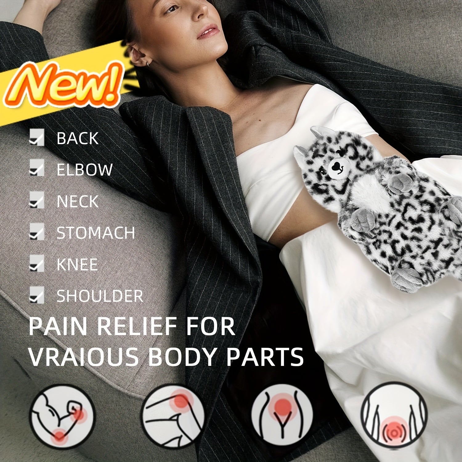 COMOIL Snow Leopard Microwave Heating Pad - 17"x8" Cozy Plush, Cute Microwavable Stuffed Animal - Natural Moist Hot Pack For Cramps, Neck Shoulder, Muscles & Joint With Washable Cover, Unscented