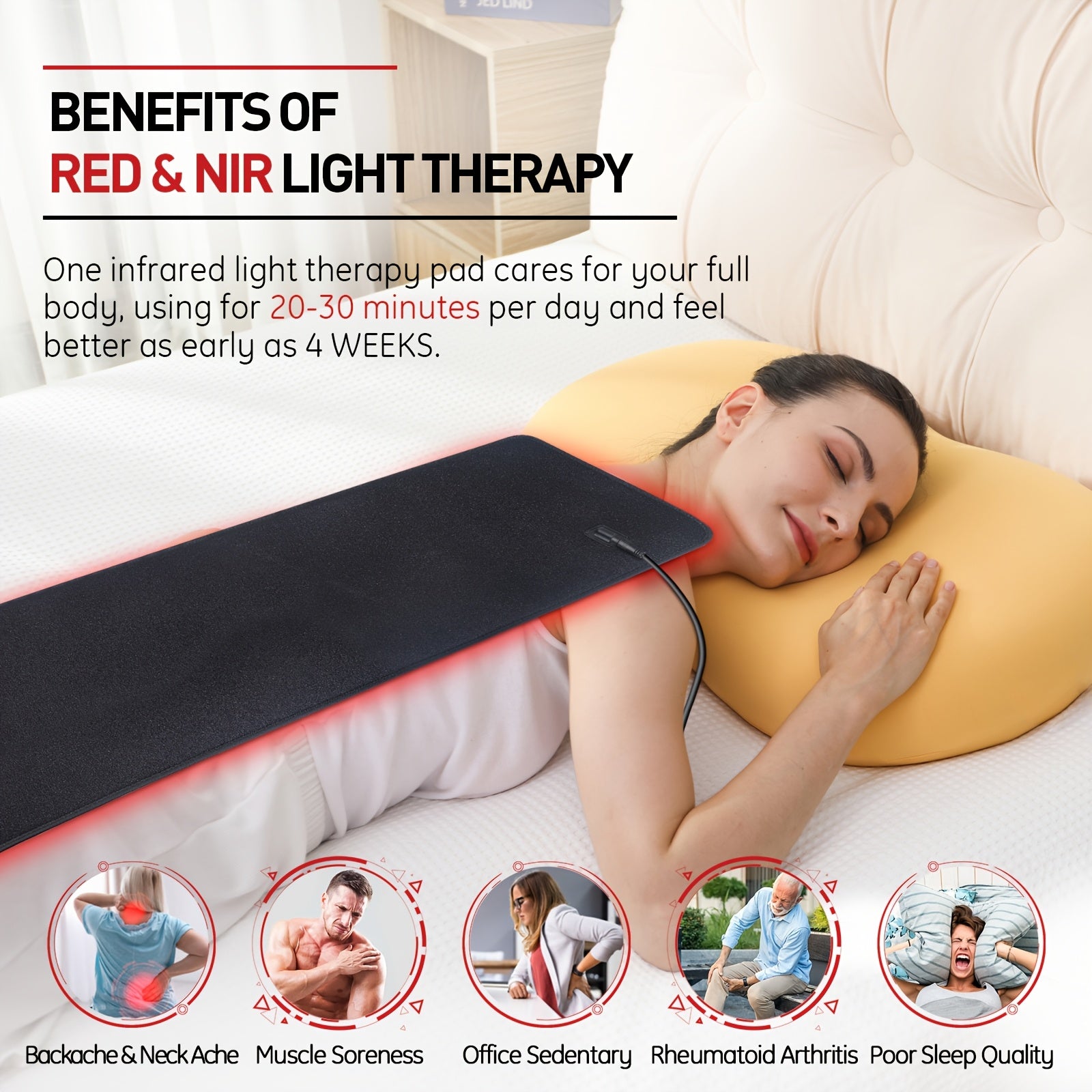 360 LED Dual Chip 660+850nm Infrared Red Light Therapy Pad, Wireless Portable Timer Heating Pad For Joint Care, Multi-Site Pain Relief Mat For Home Office Use With Neck Back Knee Shoulder Soothing