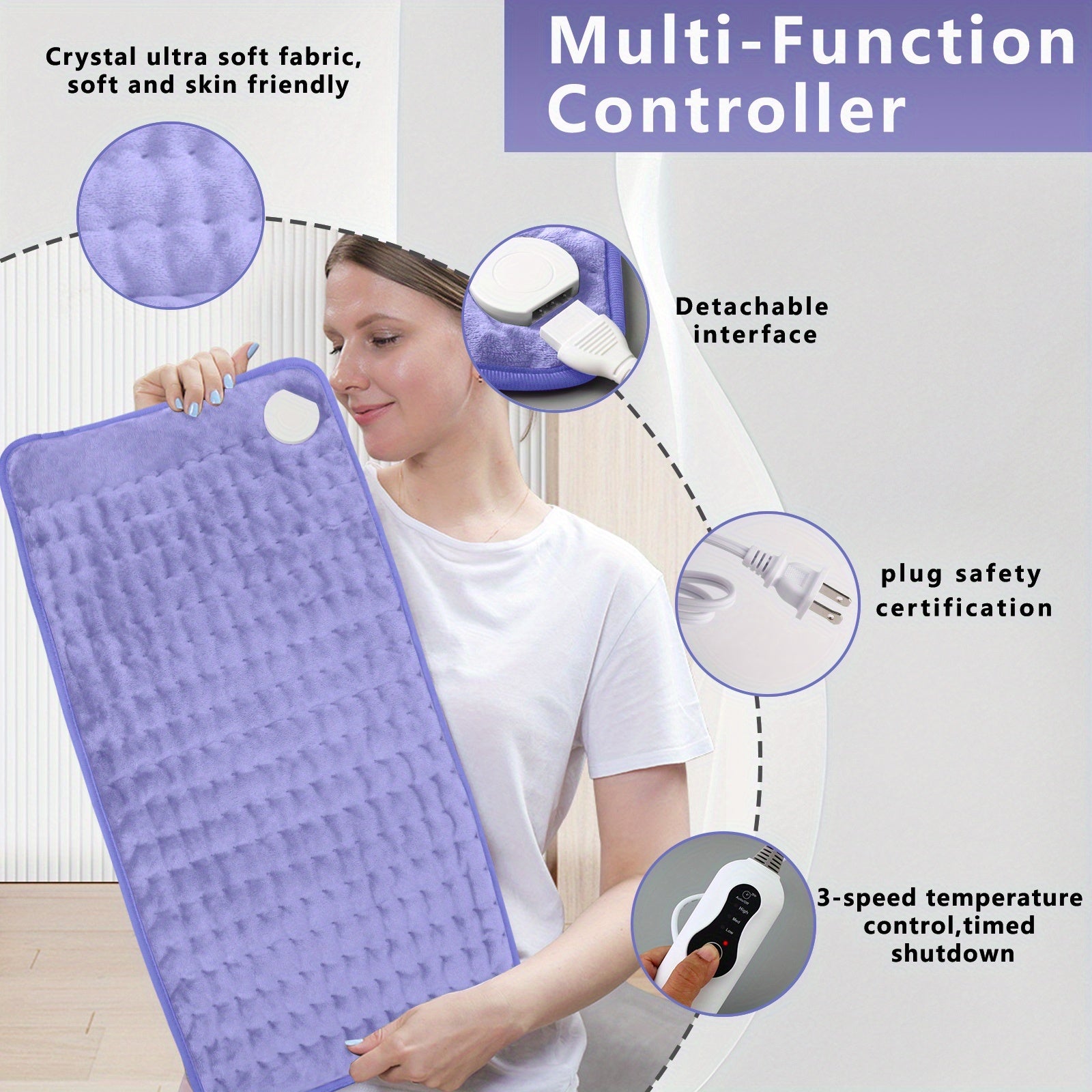 Electric Heating Pad, 24 ''x12' ', Portable, Shoulder, Back, Joint, Leg, Abdomen Heating, Skin Friendly Fabric, Quickly Heated To 140 ° F, Three Temperature Controls, Wet And Dry Dual-use, Double-sided Heating, 2-hour Timed Shutdown, Machine Washable